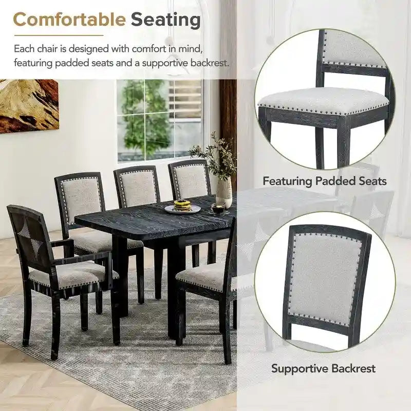 Ensemble de salle à manger extensible 9 pièces avec rallonge amovible de 61 cm, 6 chaises de salle à manger sans accoudoirs rembourrées et 2 fauteuils rembourrés