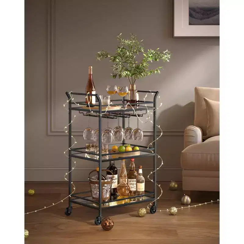 Chariot de bar, Desserte de bar à domicile, Petit chariot de bar avec étagère à 3 niveaux, Range-bouteilles, Porte-verres, Chariot de bar, 38 x 60 x 92 cm