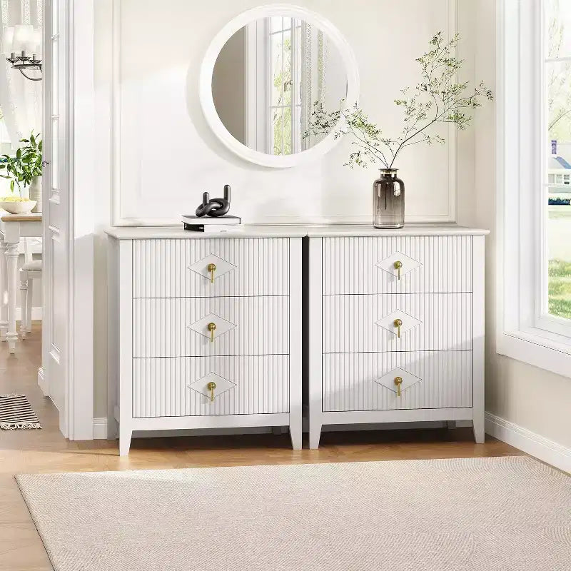 2 tables de chevet cannelées en bois, commode à 3 tiroirs de 69,85 cm de large, tables de nuit modernes, commode de chambre à coucher, salon