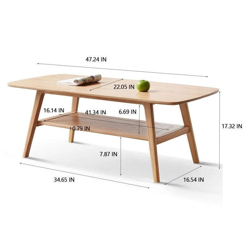 Table basse Grondin Nordic en bois massif naturel à 2 niveaux avec étagère, Table basse d'appoint rectangulaire
