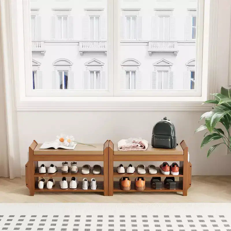 Banc à chaussures en bambou ELECWISH 31,5 avec rangement - Étagère à chaussures à 2 niveaux, tiroir caché et organisateur latéral, marron
