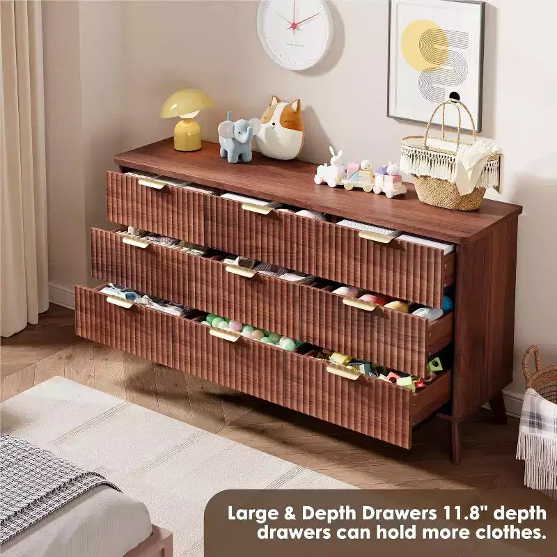 Commode cannelée à 9 tiroirs, 154 cm de large, en bois, avec rangement profond, pour chambre à coucher, salon ou couloir