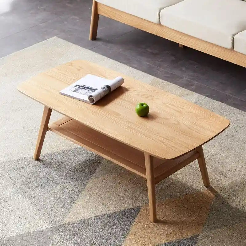 Table basse Grondin Nordic en bois massif naturel à 2 niveaux avec étagère, Table basse d'appoint rectangulaire