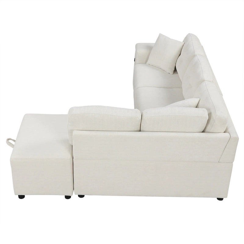 Canapé d'angle 4 places avec lit gigogne, pouf, ports USB et tablette rabattable