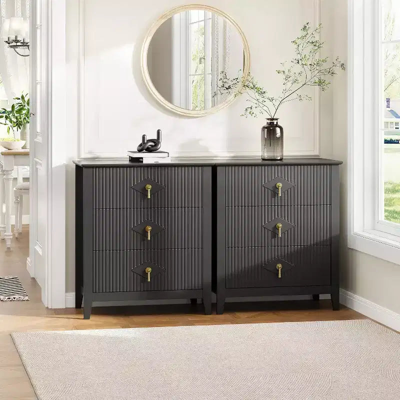 2 tables de chevet cannelées en bois, commode à 3 tiroirs de 69,85 cm de large, tables de nuit modernes, commode de chambre à coucher, salon