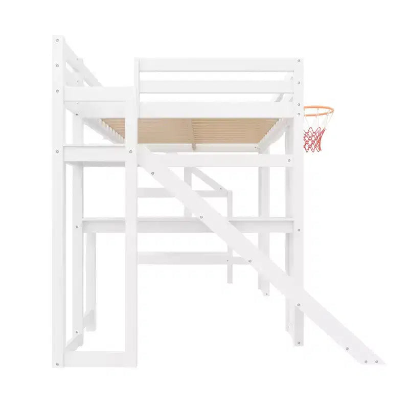 Lit mezzanine en bois massif Luxystar avec bureau, toboggan, panier de basket et escalier de rangement pour enfants et adolescents