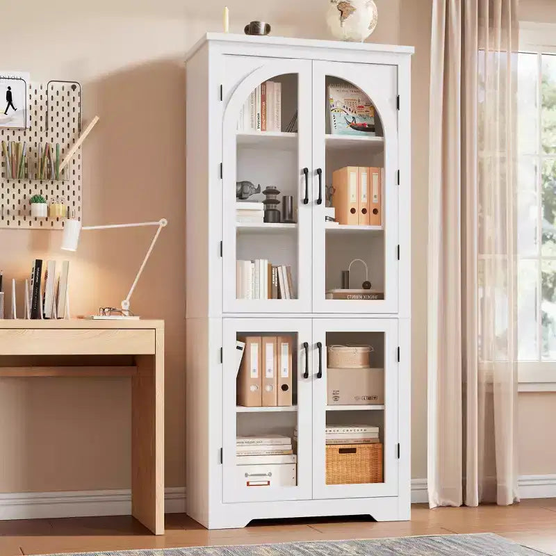 Meuble de rangement de cuisine de 178 cm, buffet moderne avec 4 portes vitrées cintrées et étagères réglables, pour cuisine, salon, salle à manger, salle de bain