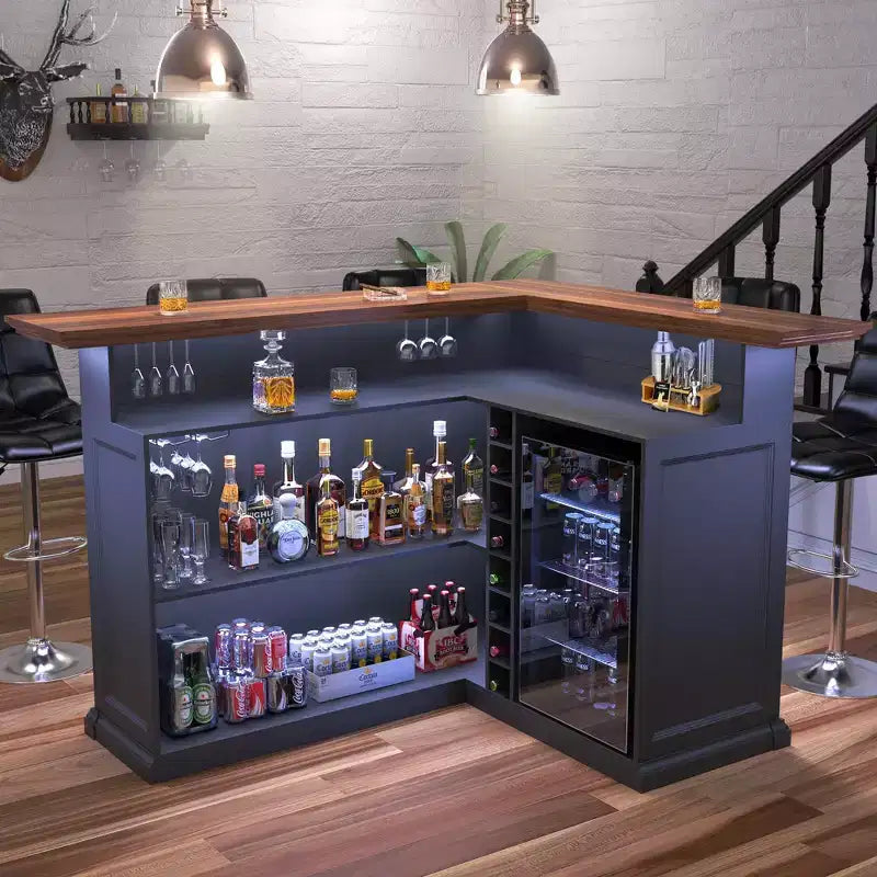 GDLF Meuble de Bar d'Angle en Forme de L avec Espace Réfrigérateur, Grande Table de Bar Moderne pour Sous-sol
