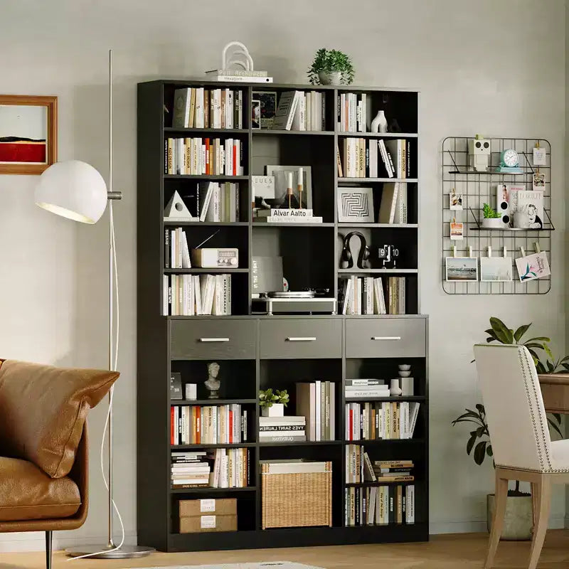 Bibliothèque 9 niveaux noir/blanc avec 3 tiroirs, étagères réglables
