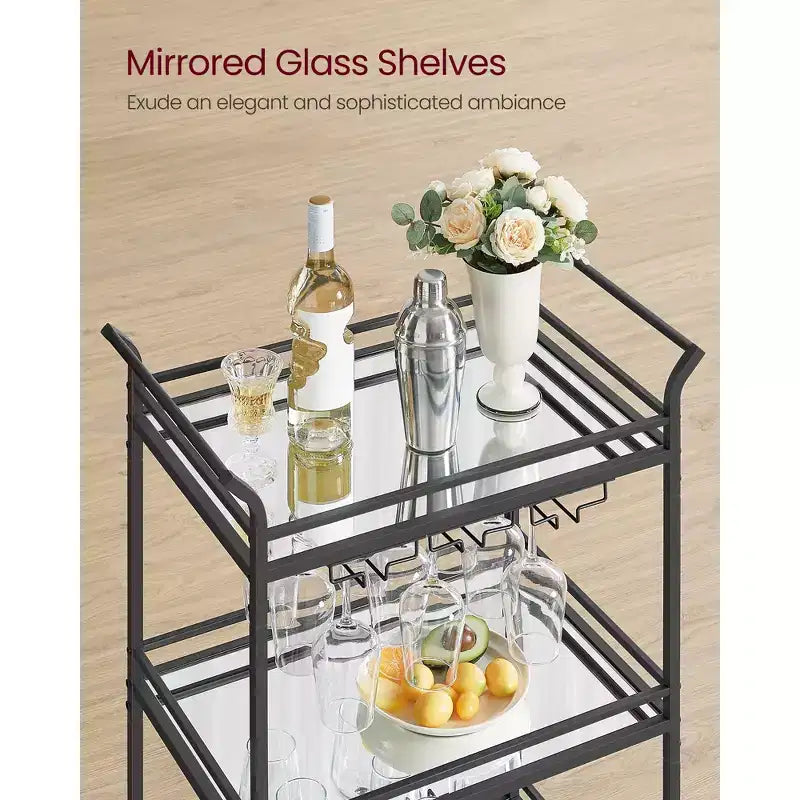 Chariot de bar, Desserte de bar à domicile, Petit chariot de bar avec étagère à 3 niveaux, Range-bouteilles, Porte-verres, Chariot de bar, 38 x 60 x 92 cm