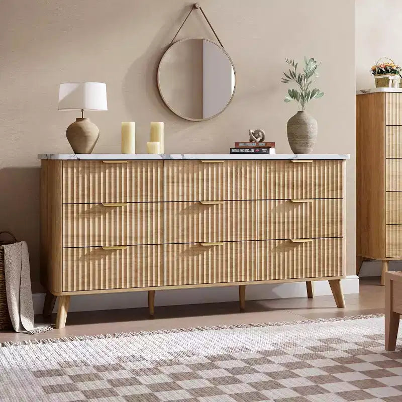 Commode cannelée à 9 tiroirs, 154 cm de large, en bois, avec rangement profond, pour chambre à coucher, salon ou couloir