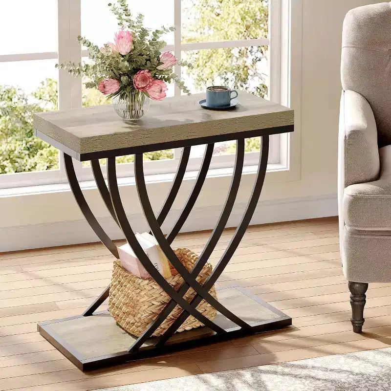 Table d'appoint Lantine, table d'appoint étroite à 2 niveaux pour salon, tables de chevet industrielles avec cadre métallique pour chambre à coucher, canapé, petits espaces, gris