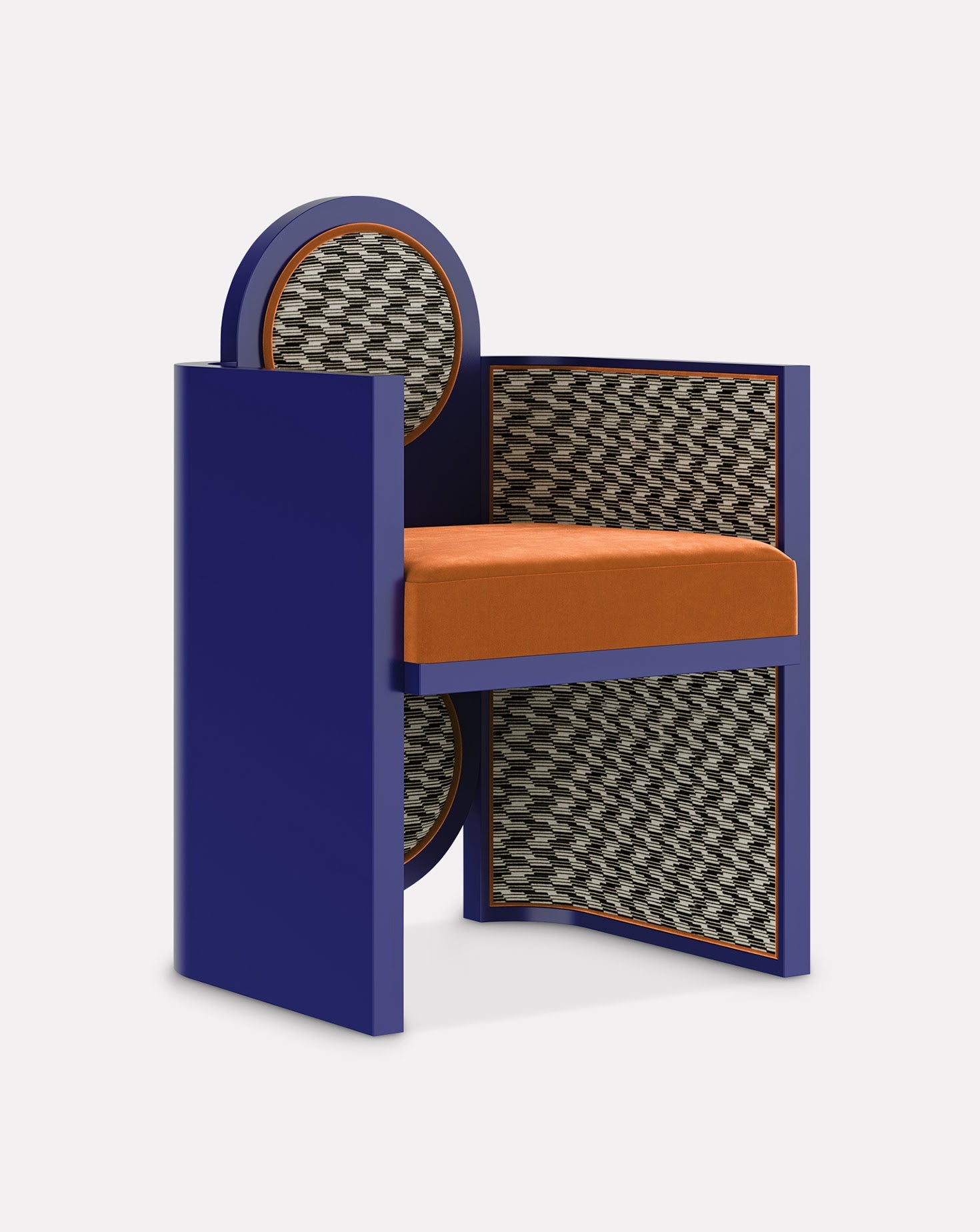Recycled Geometric Velvet Lacquered Wood Sculptural Dining Chair