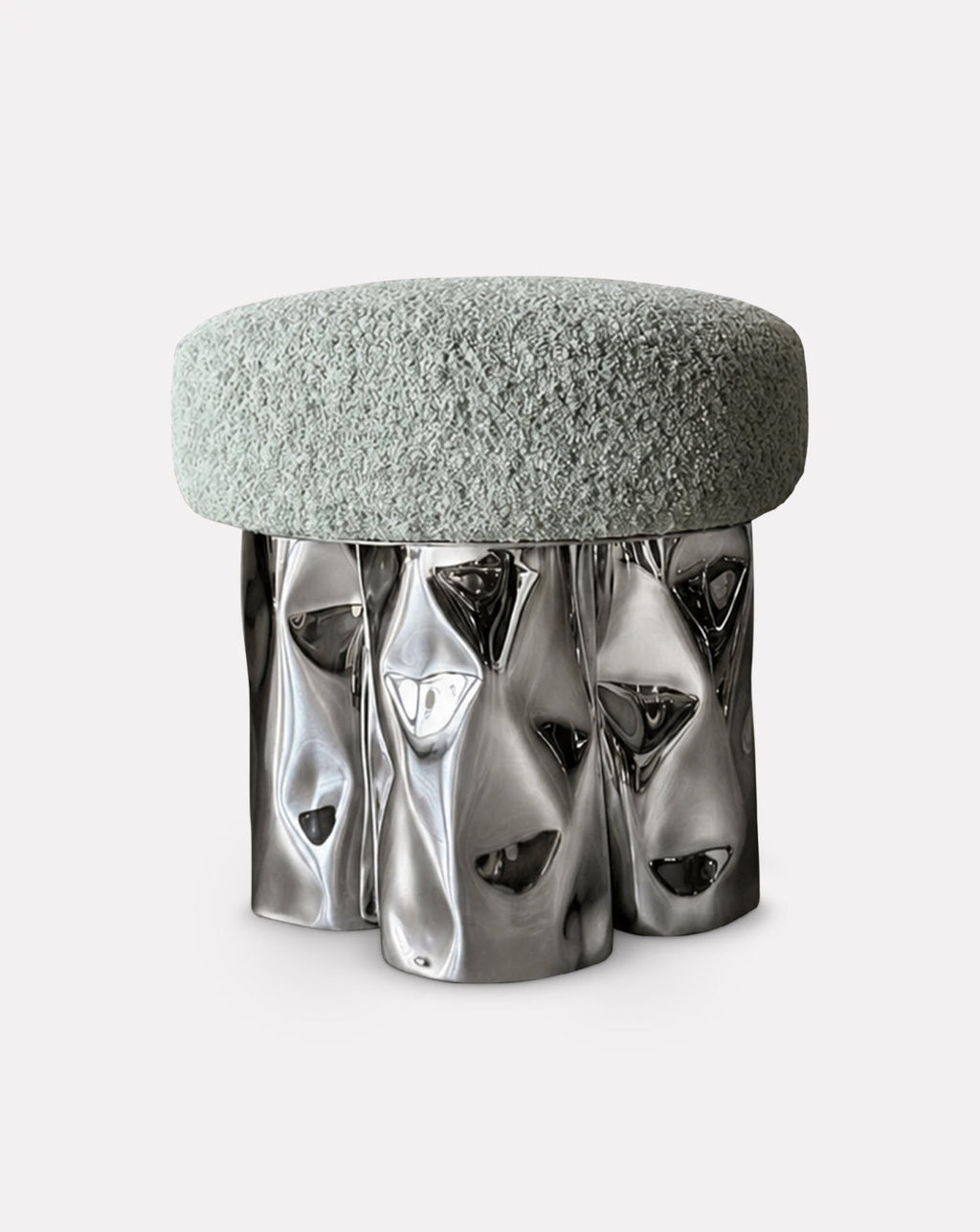 Green Bouclé Stainless Steel Log-Inspired Pouf Tall