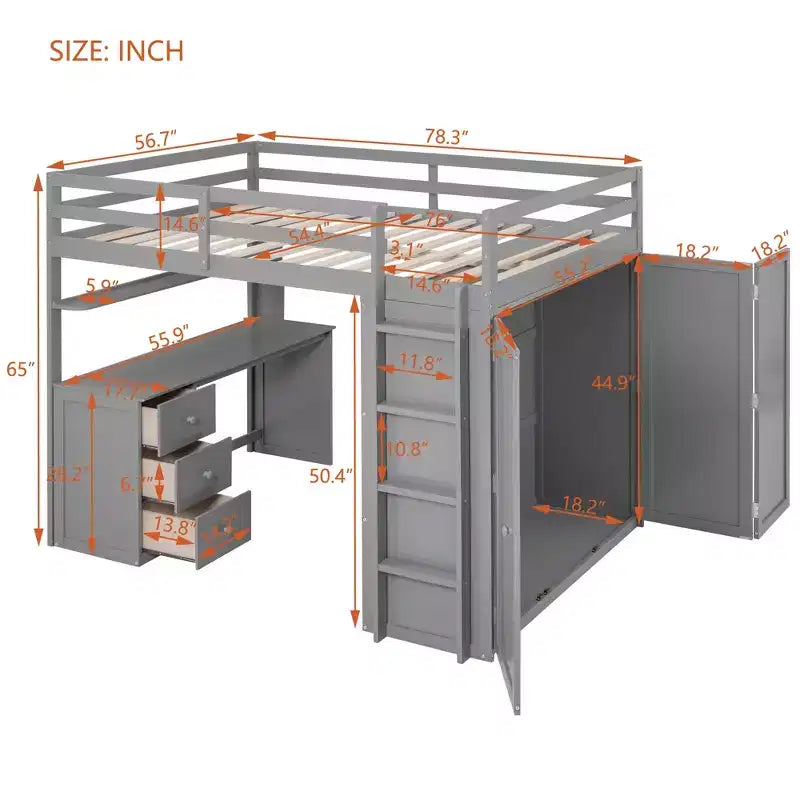 Lit mezzanine CLIHOME grand format avec 3 tiroirs de rangement, bureau et armoire