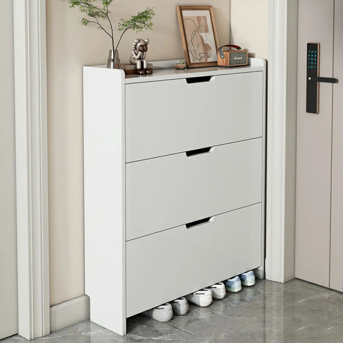 Meuble à chaussures 3 niveaux en bois blanc avec portes abattantes