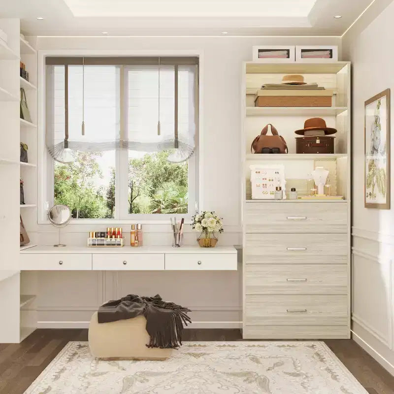 Système de rangement de placard avec tiroirs et étagères en bois
