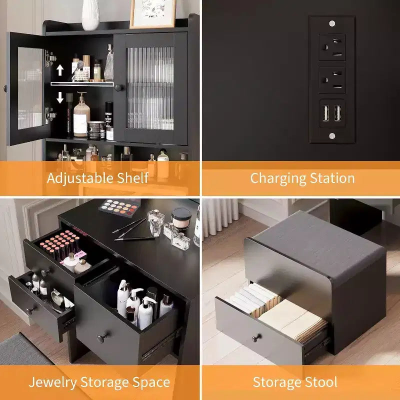 Coiffeuse 3-en-1 avec miroir lumineux, table de toilette compacte avec tiroirs, compartiment de rangement et tabouret roulant pour chambre à coucher