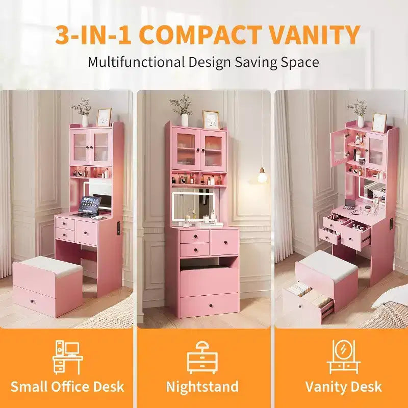 Coiffeuse 3-en-1 avec miroir lumineux, table de toilette compacte avec tiroirs, compartiment de rangement et tabouret roulant pour chambre à coucher