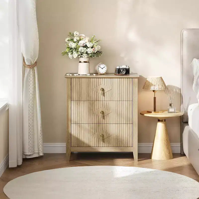 2 tables de chevet cannelées en bois, commode à 3 tiroirs de 69,85 cm de large, tables de nuit modernes, commode de chambre à coucher, salon