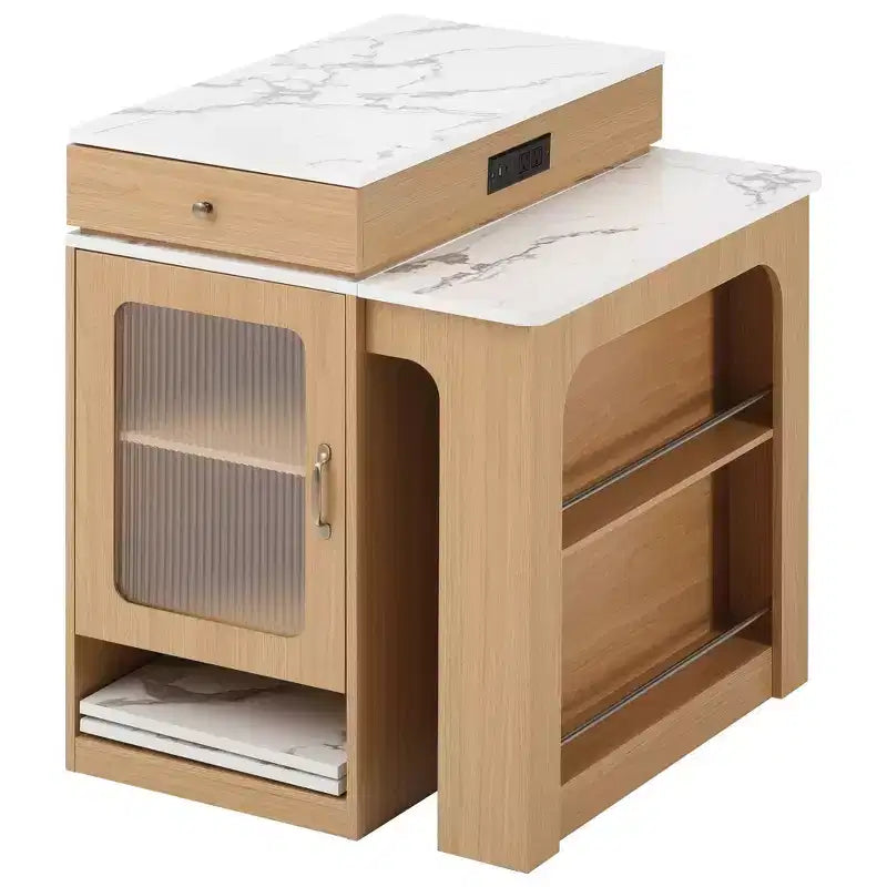 Îlot de cuisine de 59,5 po avec table à manger extensible, rangement double face et prise électrique, naturel