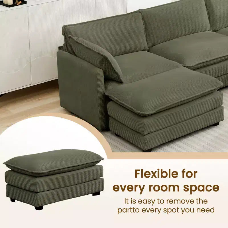 Canapé sectionnel modulaire moderne 5 places en velours côtelé, surdimensionné, 288 cm (L) x 201 cm (l), avec pouf, canapé en forme de U avec canapé d'angle, HYLEORY