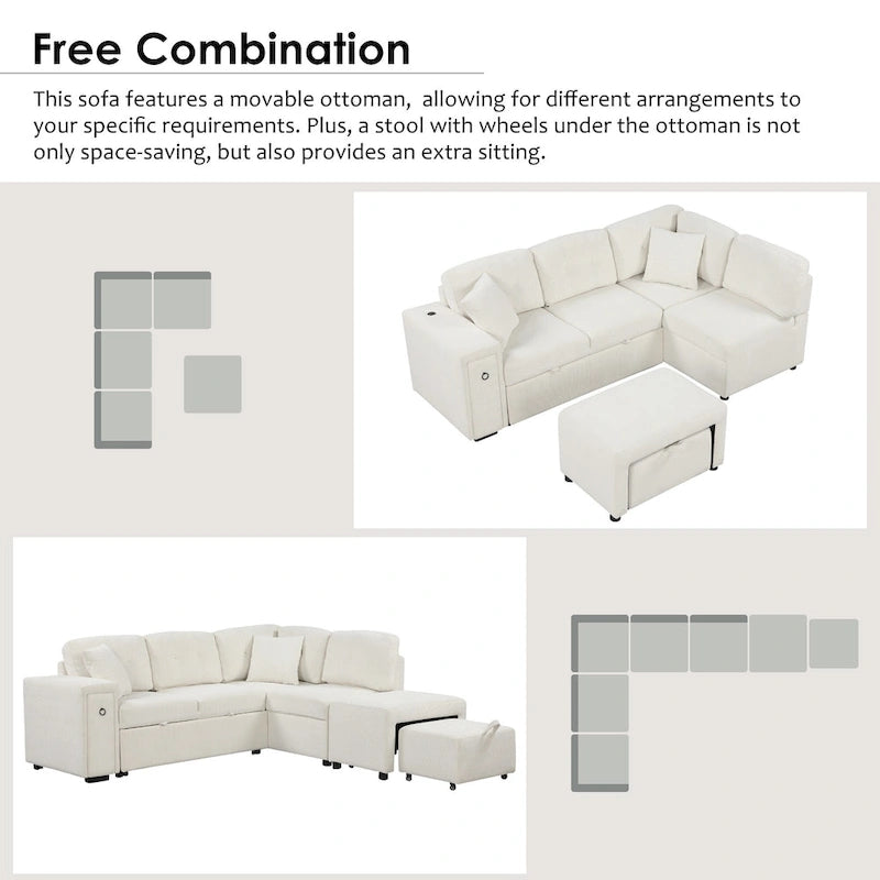 Canapé d'angle 4 places avec lit gigogne, pouf, ports USB et tablette rabattable