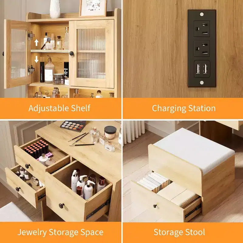 Coiffeuse 3-en-1 avec miroir lumineux, table de toilette compacte avec tiroirs, compartiment de rangement et tabouret roulant pour chambre à coucher