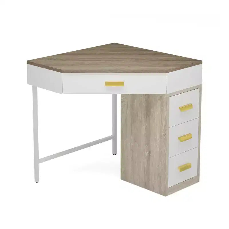 MAYEERTY Bureau d'angle triangulaire 90 avec 4 tiroirs, bureau informatique/coiffeuse