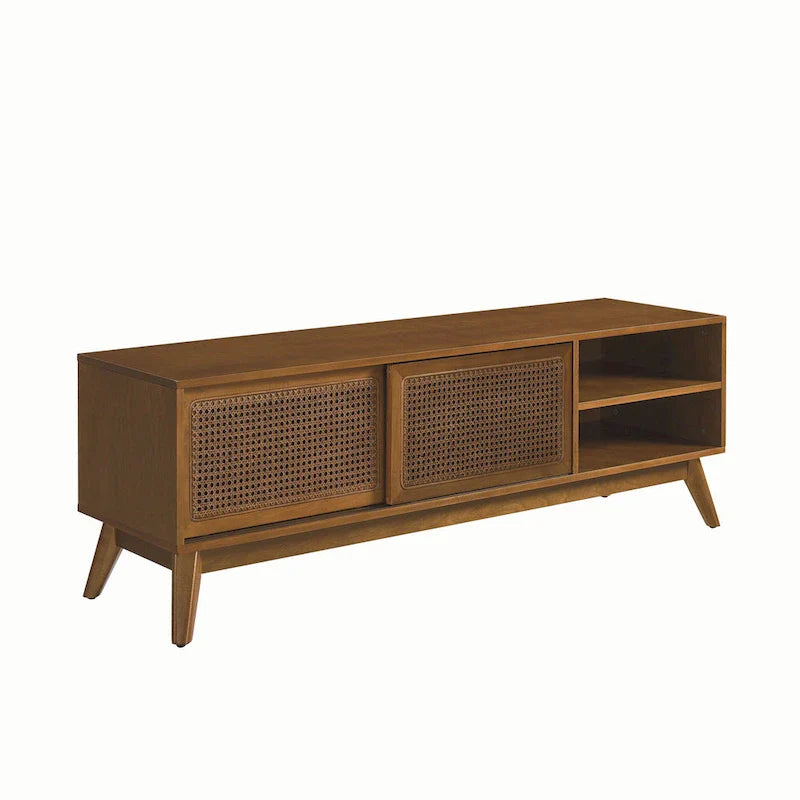 Meuble TV vintage en rotin avec 2 placards de rangement et 4 pieds en bois pour salon, chambre et bureau