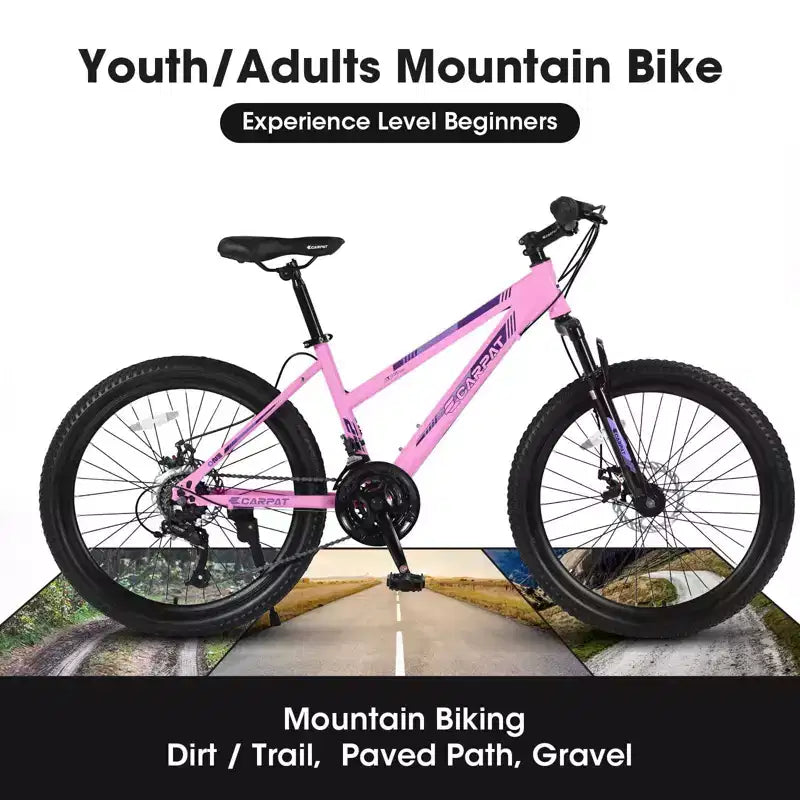 NAYSAYE Vélo VTT 26 Pouces avec Dérailleur 21 Vitesses Double Frein à Disque pour Adolescents et Femmes, Rose, 65*24.8*37.4