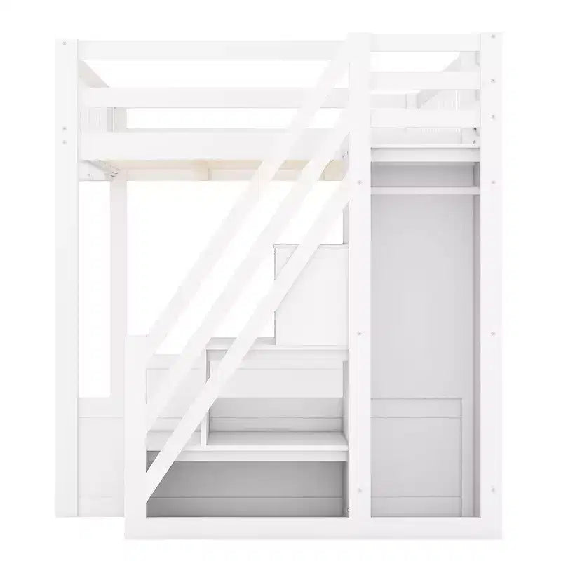 Lit mezzanine double avec escalier, armoire et étagères de rangement – MDF, 295 kg