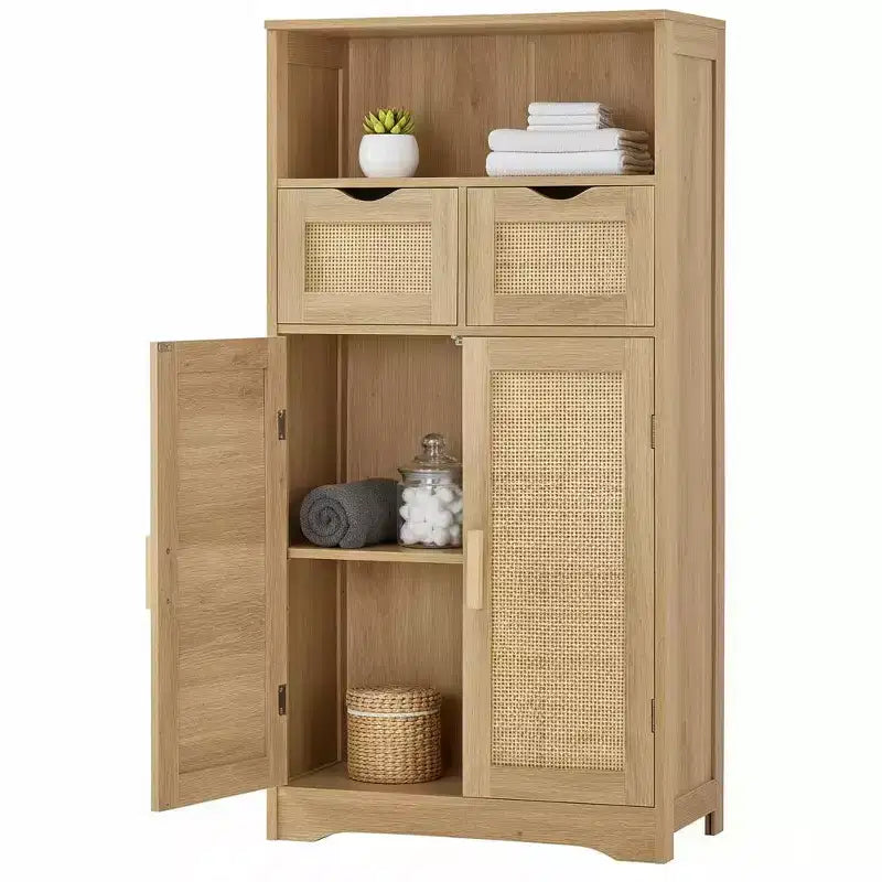 Meuble de rangement en rotin avec 2 tiroirs et étagères réglables pour cuisine/maison