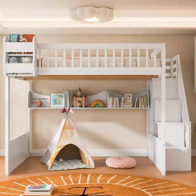Lit mezzanine double avec escalier, armoire et étagères de rangement – MDF, 295 kg
