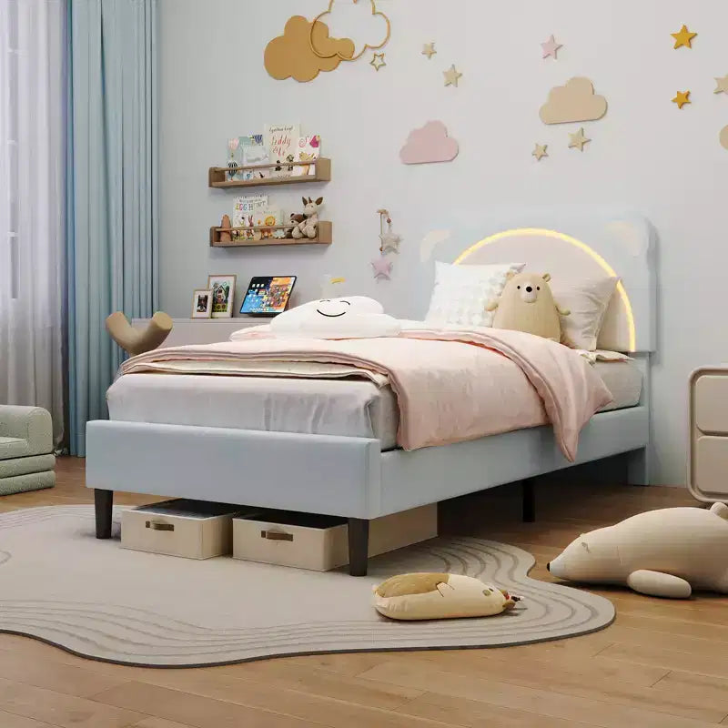 Cadre de lit enfant mignon - Design adorable ourson réglable, revêtement en suède, tiroirs de rangement, lattes en bois massif, conception silencieuse, facile à assembler.