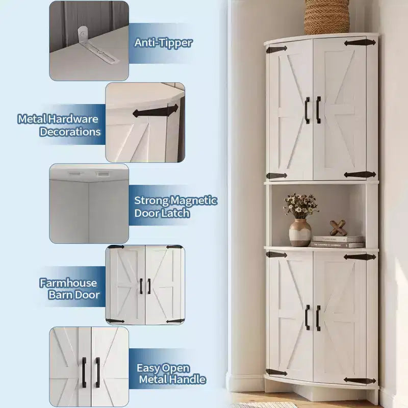 64,8" Meuble d'Angle Haut avec Portes, Armoire de Rangement d'Angle Marron Style Ferme, Meuble Garde-Manger d'Angle Autonome avec Étagères Réglables