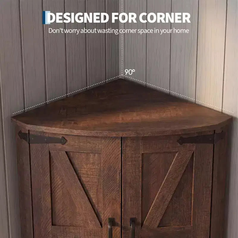 64,8" Meuble d'Angle Haut avec Portes, Armoire de Rangement d'Angle Marron Style Ferme, Meuble Garde-Manger d'Angle Autonome avec Étagères Réglables