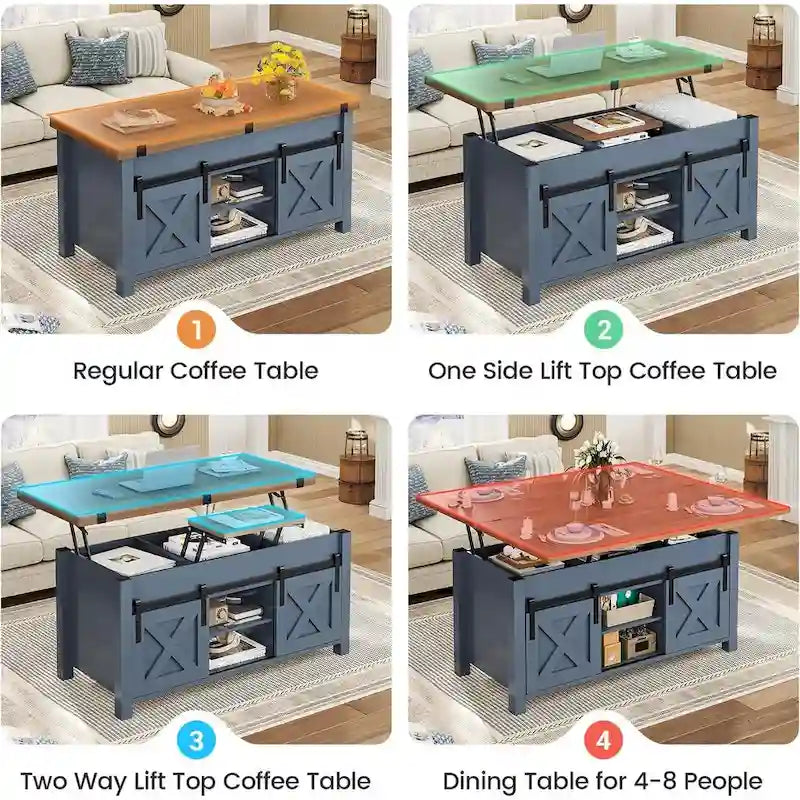Table basse relevable 2 portes coulissantes style grange Table à manger avec rangement
