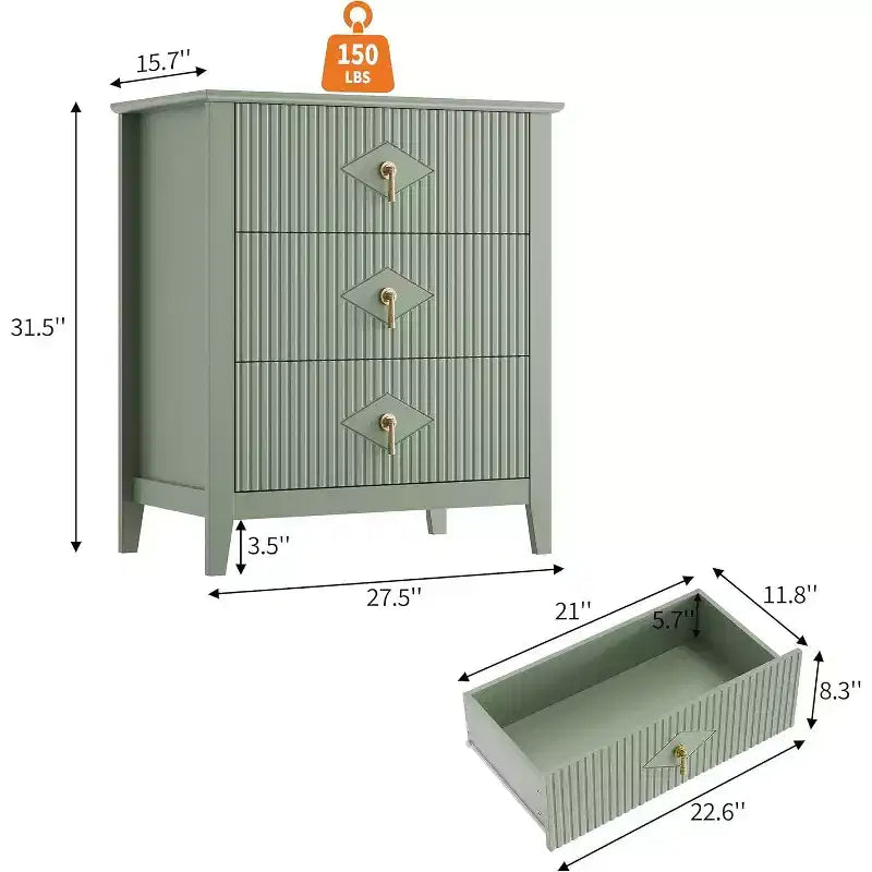 2 tables de chevet cannelées en bois, commode à 3 tiroirs de 69,85 cm de large, tables de nuit modernes, commode de chambre à coucher, salon