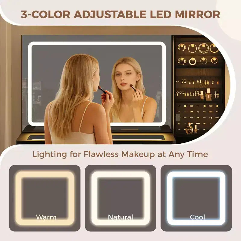 Coiffeuse cannelée de 122 cm avec miroir et lumières LED, station de charge, tabouret de rangement rembourré pour chambre à coucher