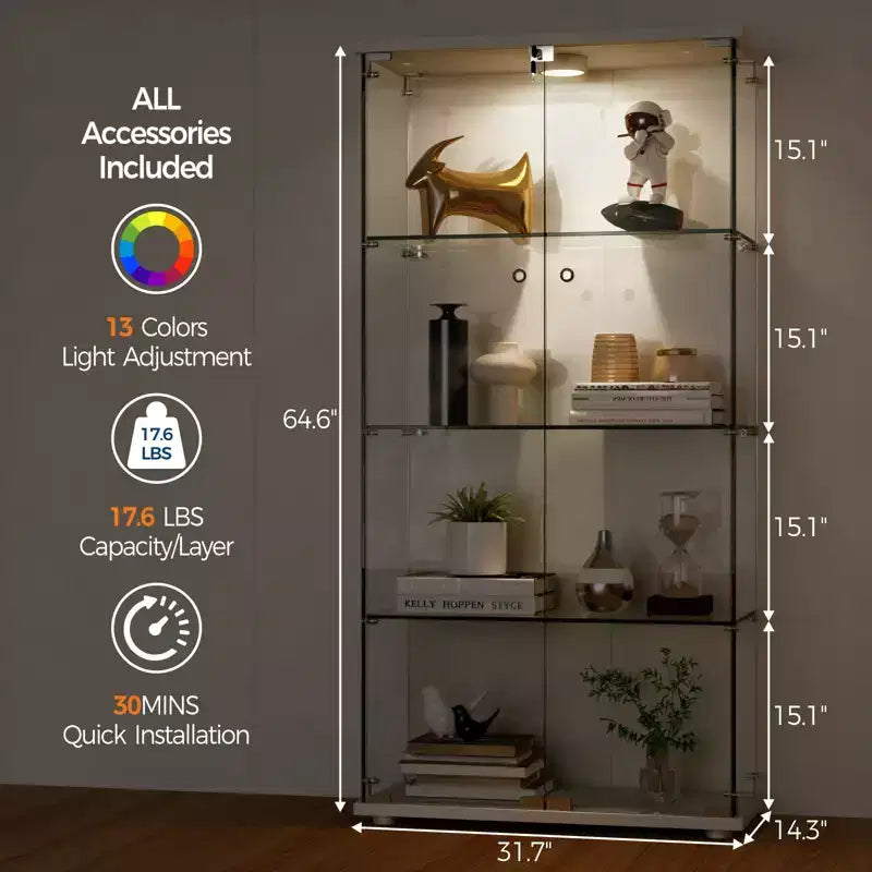 Vitrine d'exposition en verre trempé à 4 niveaux, vitrine entièrement vitrée avec lumières LED et capteur de corps humain, armoire de rangement pour objets de collection et décoration.