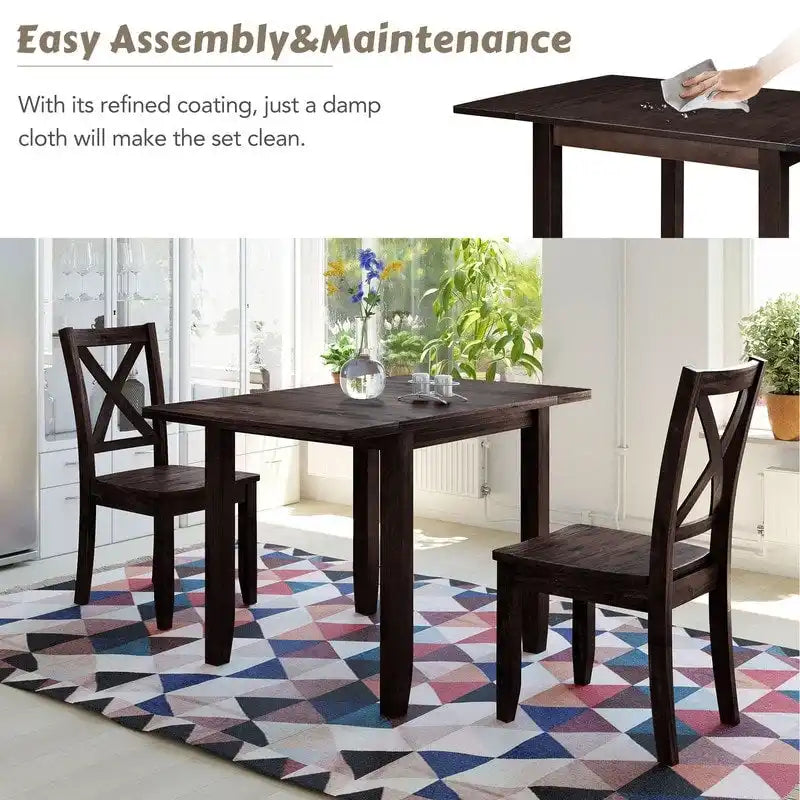 Ensemble de salle à manger 3 pièces avec table à rabats en bois et 2 chaises à dossier en X pour petits espaces