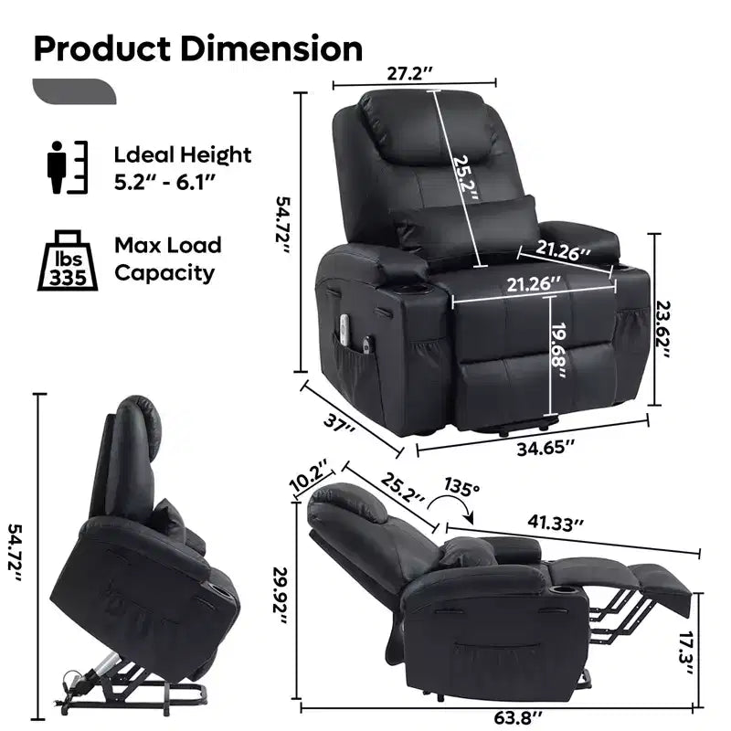 Fauteuil inclinable électrique avec assistance au levage Bestier 34,6 po avec massage et chaleur, fauteuil inclinable en similicuir avec poches latérales et porte-gobelets