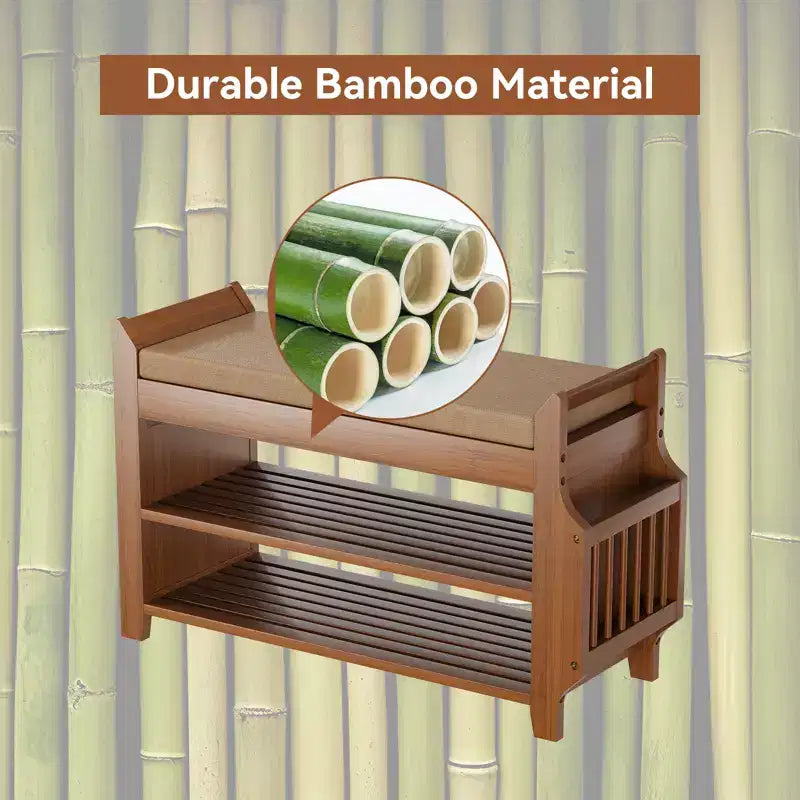Banc à chaussures en bambou ELECWISH 31,5 avec rangement - Étagère à chaussures à 2 niveaux, tiroir caché et organisateur latéral, marron