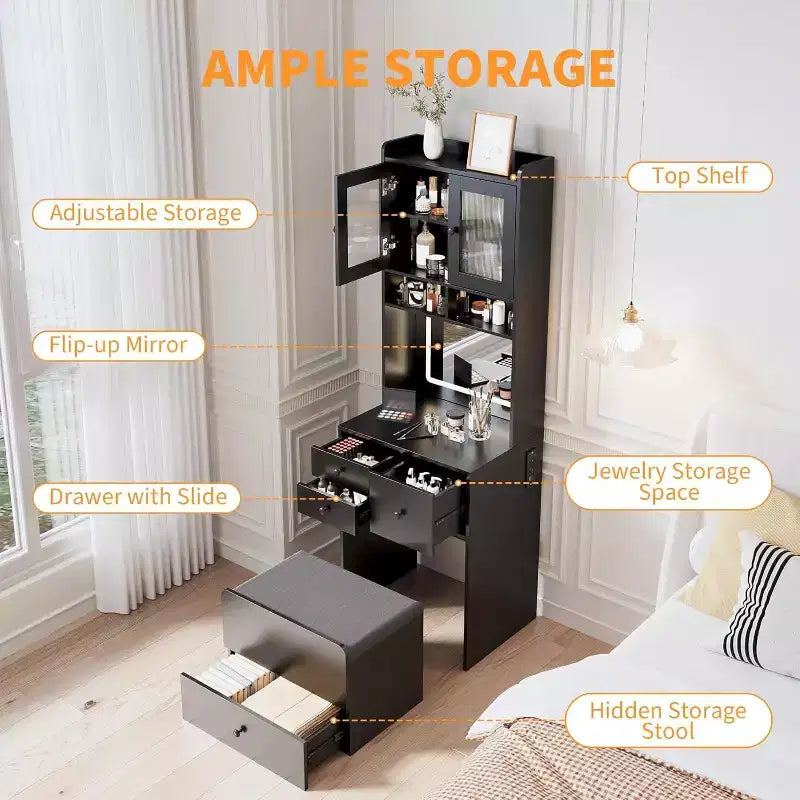 Coiffeuse 3-en-1 avec miroir lumineux, table de toilette compacte avec tiroirs, compartiment de rangement et tabouret roulant pour chambre à coucher