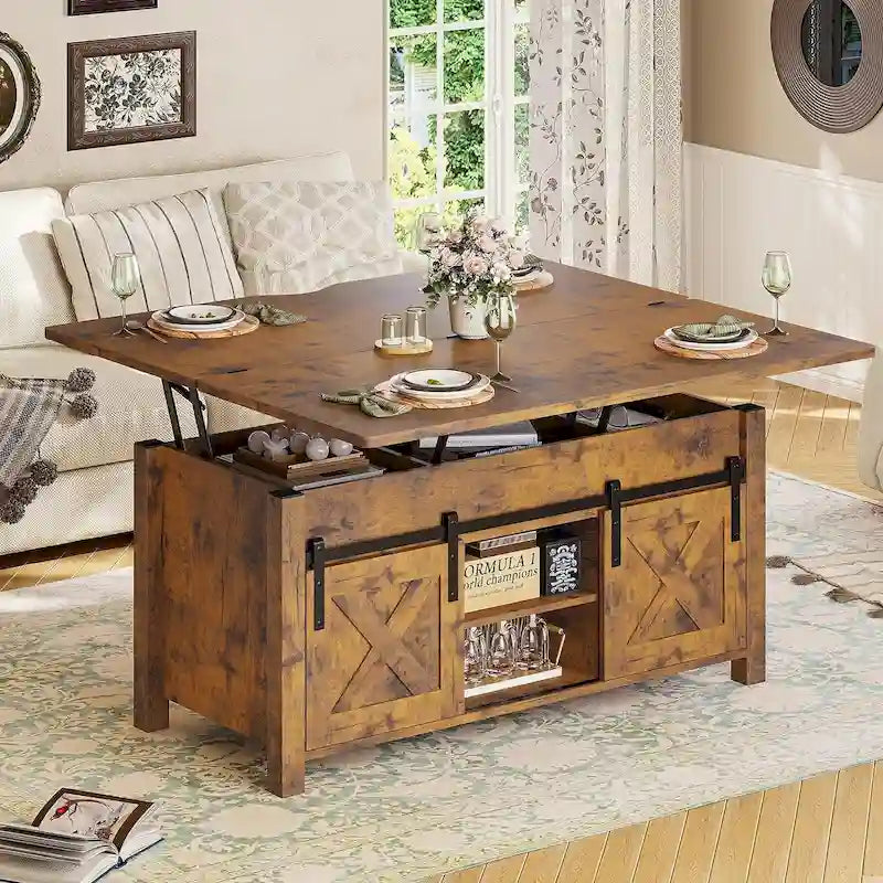Table basse relevable 2 portes coulissantes style grange Table à manger avec rangement