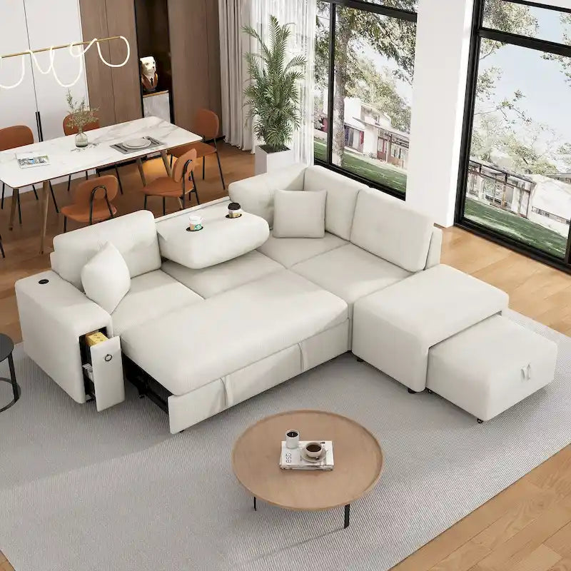 Canapé d'angle 4 places avec lit gigogne, pouf, ports USB et tablette rabattable