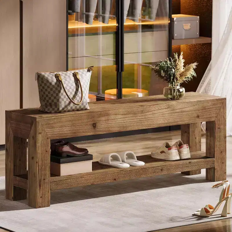 Banc d'entrée en bois massif de 47,24 po avec étagères ouvertes, brun rustique
