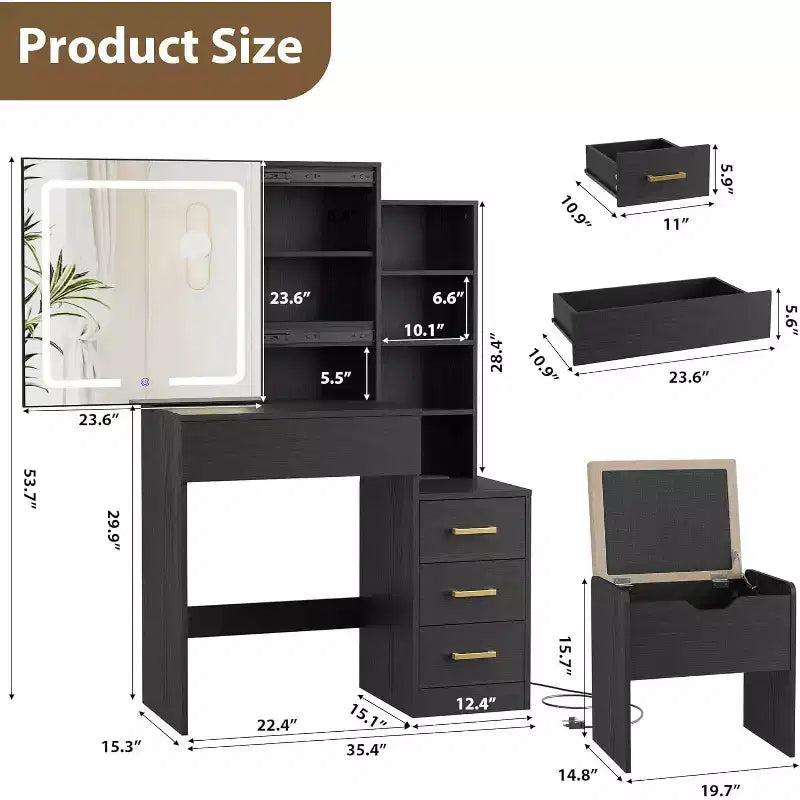 Coiffeuse moderne DobleePy avec miroir coulissant et lumières LED, 4 tiroirs, 7 étagères, station de recharge et tabouret, table de maquillage pour chambre à coucher