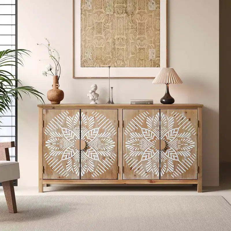 MAYEERTY Armoire d'appoint en bois de 152 cm avec 4 portes Marron et blanc antique Armoire de rangement moderne pour salon et chambre à coucher